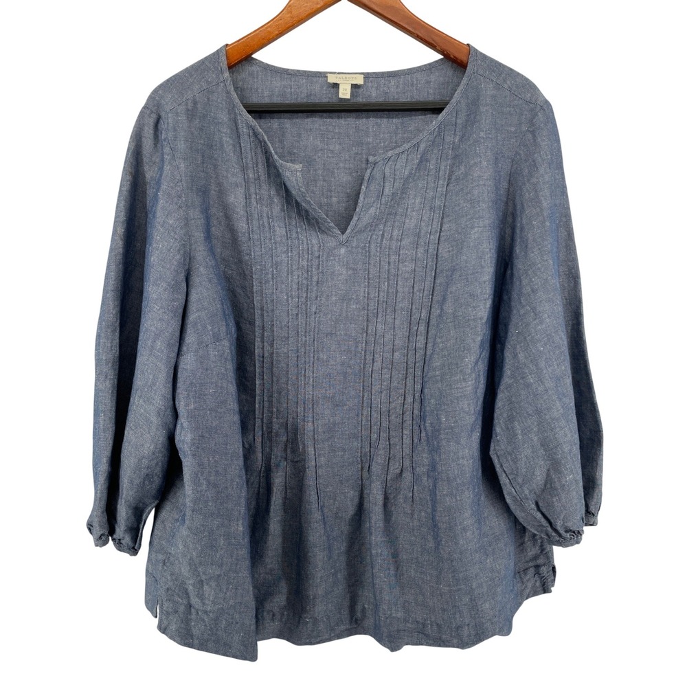 Talbots Linen Blend Top Womens 2X Blue Chambray Western Boho Cottage Country